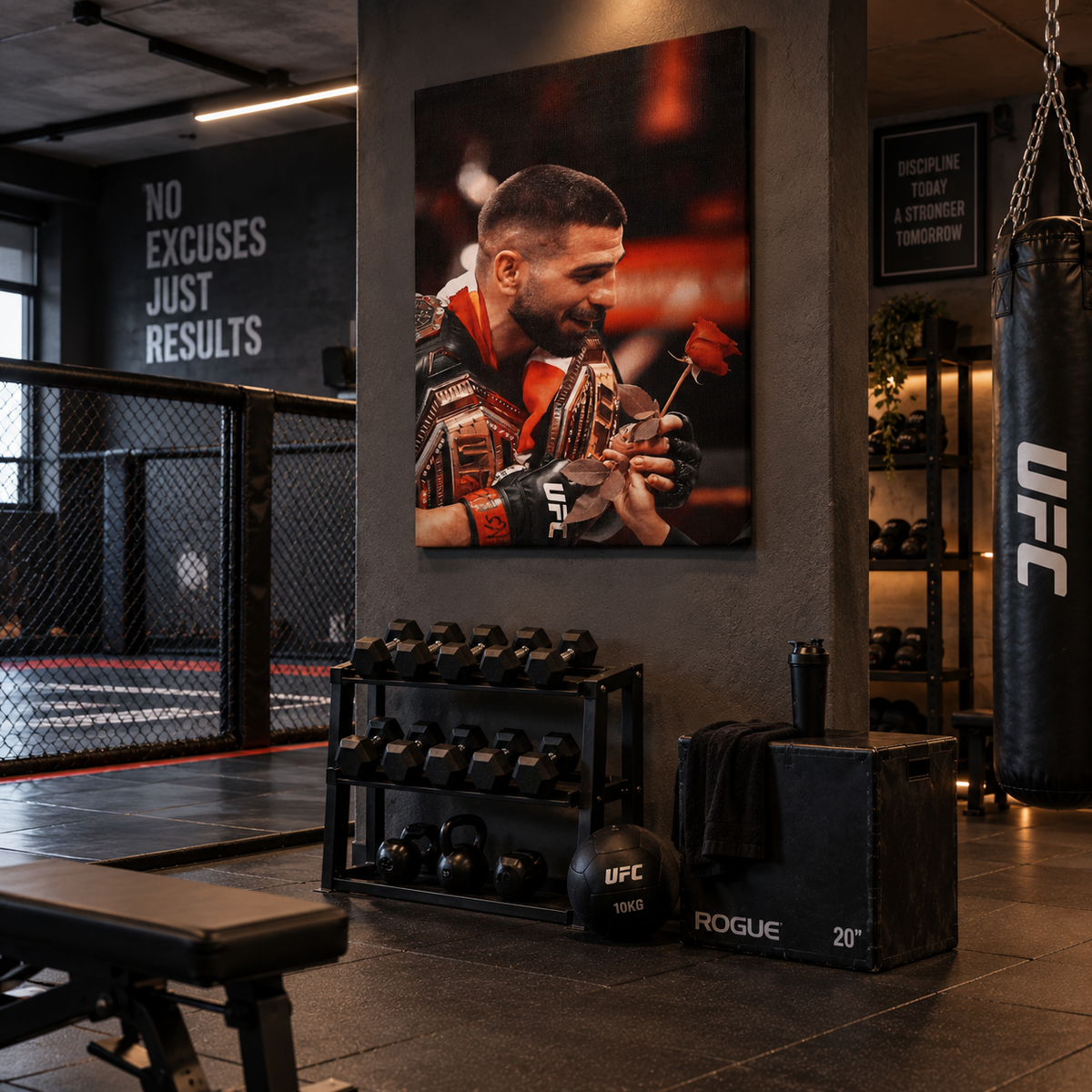 Πίνακας MMA πρωταθλητή με ζώνες και κόκκινο τριαντάφυλλο σε μοντέρνο γυμναστήριο MMA με κλουβί και εξοπλισμό προπόνησης.