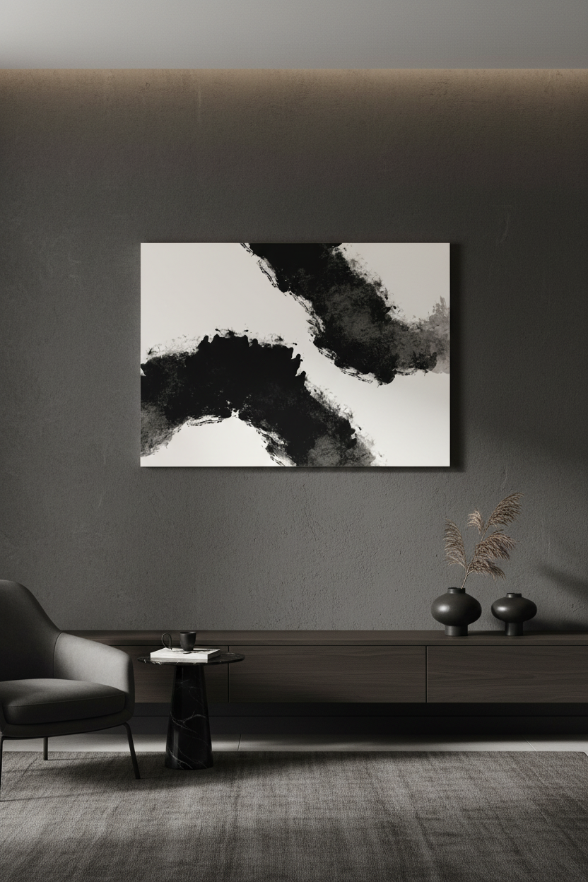 Abstract ink canvas on grey wall