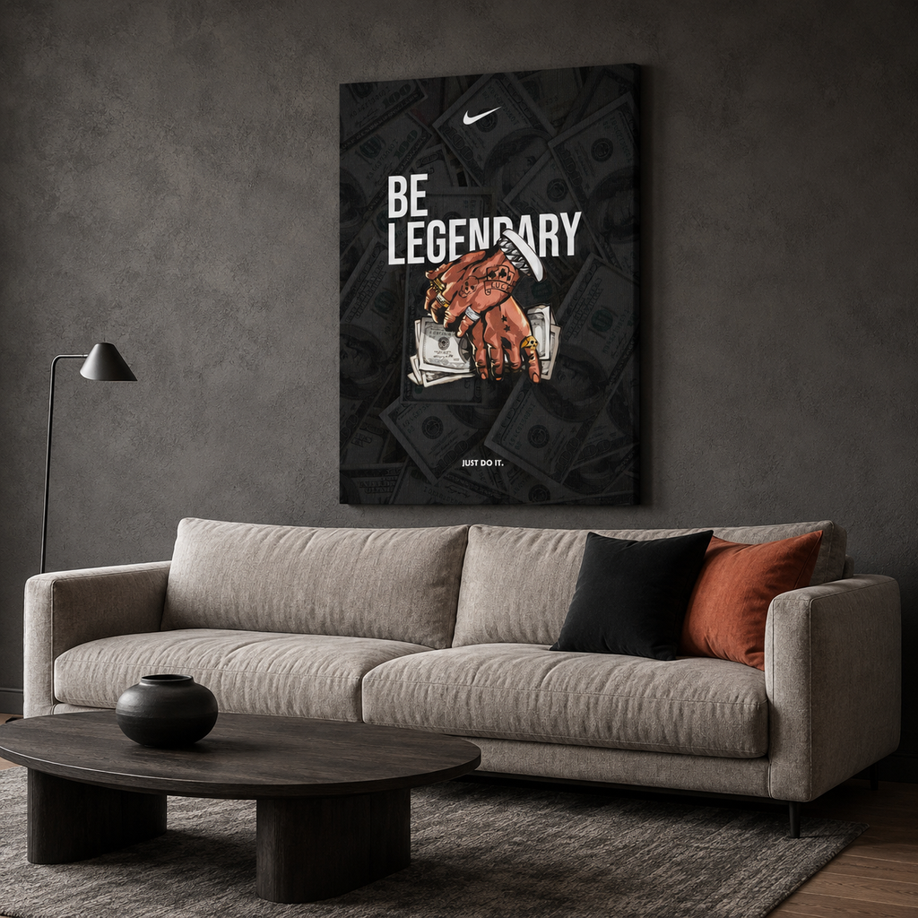 Πίνακας Nike «Be Legendary» με χρήματα, σε μοντέρνο σαλόνι με γκρι καναπέ και σκούρα διακόσμηση.
