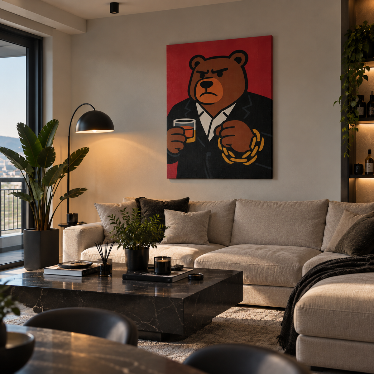 Πίνακας καμβά με bear boss σε κομψό μοντέρνο σαλόνι.