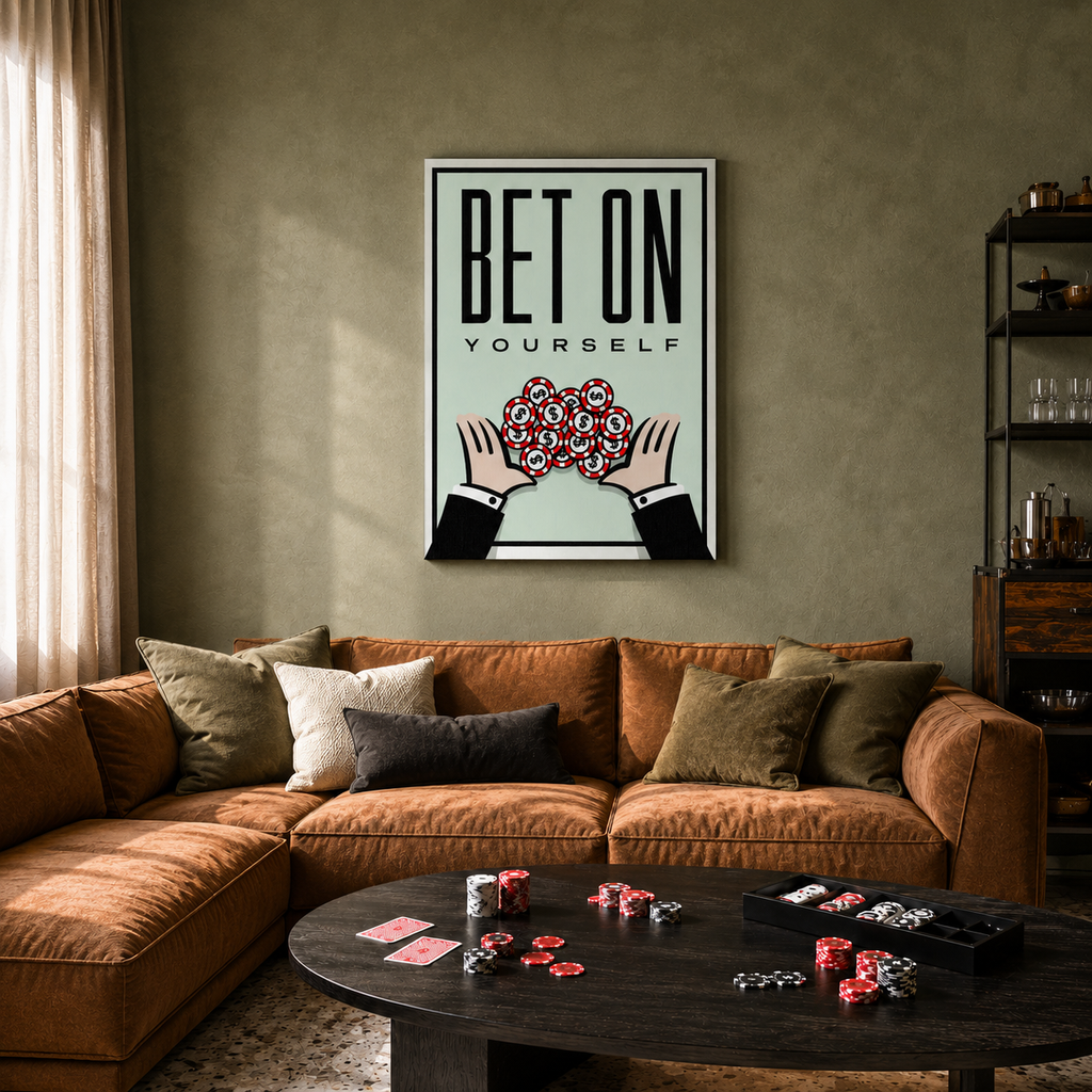 Καμβάς Bet On Yourself – Motivational Canvas αναρτημένος σε σαλόνι.