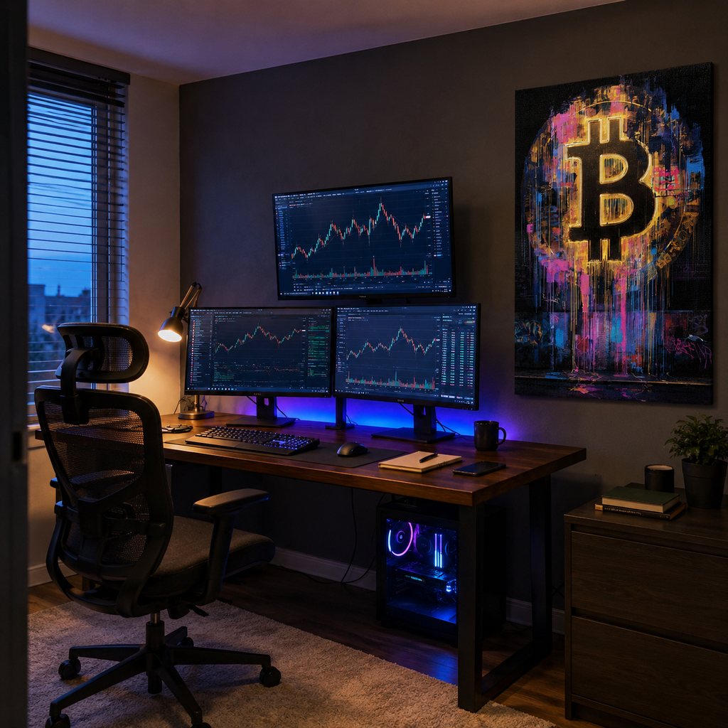 Πολύχρωμος πίνακας Bitcoin σε μοντέρνο γραφείο crypto trading με πολλαπλές οθόνες.
