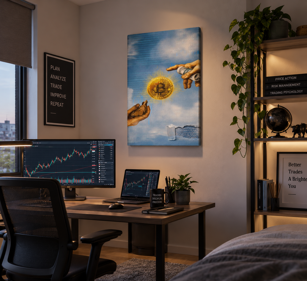 Πίνακας Bitcoin σε μοντέρνο δωμάτιο με trading setup.