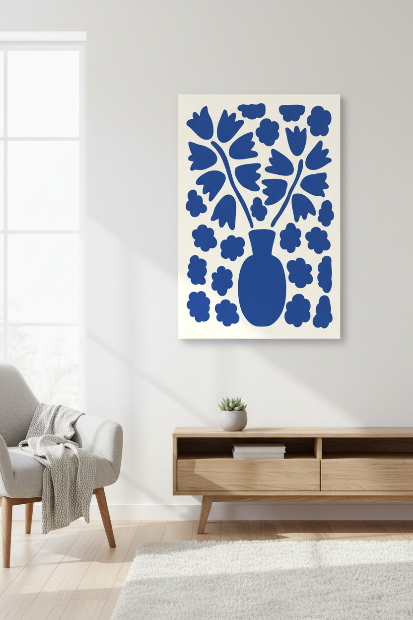Blue Bloom canvas on white wall