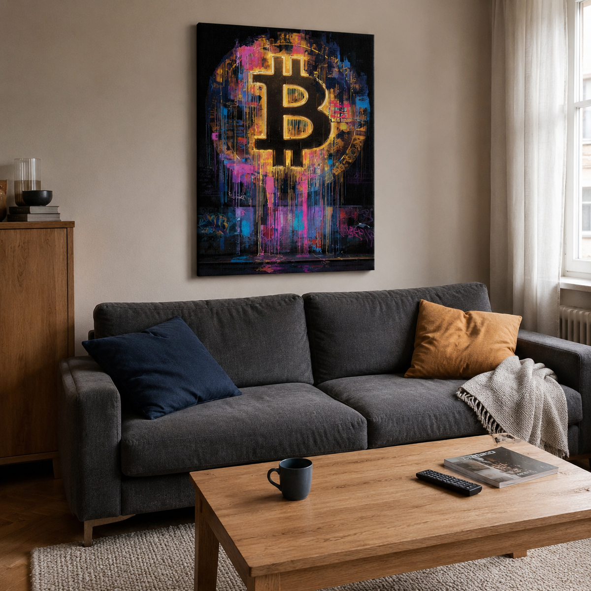 Πολύχρωμος πίνακας Bitcoin σε μοντέρνο σαλόνι με γκρι καναπέ και ξύλινο τραπεζάκι.
