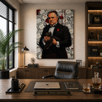 Πίνακας The Godfather με τον Don Corleone σε μοντέρνο και ρεαλιστικό σαλόνι, τοποθετημένος σε κολόνα με ζεστό ατμοσφαιρικό φωτισμό.
