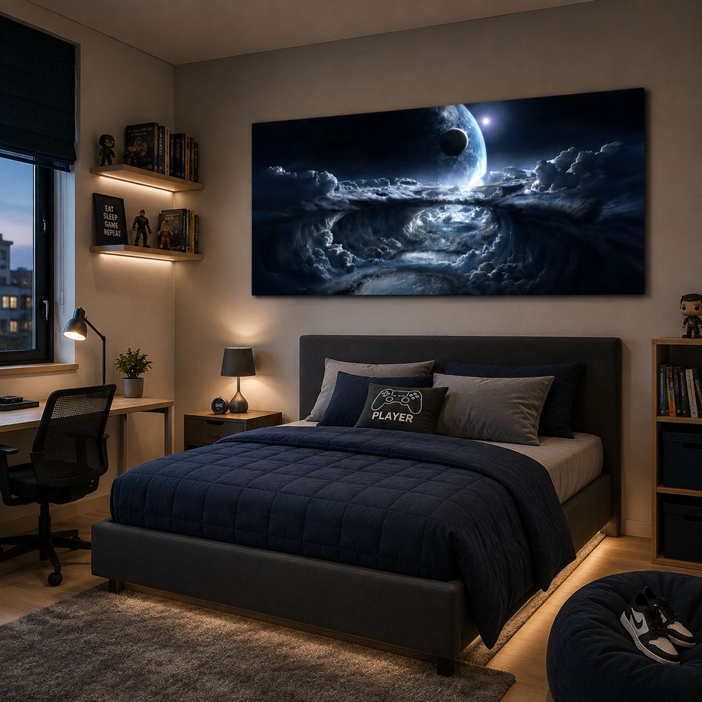 Πανοραμικός πίνακας με κοσμικό τοπίο και πλανήτες σε μοντέρνα κρεβατοκάμαρα με σκούρα διακόσμηση.