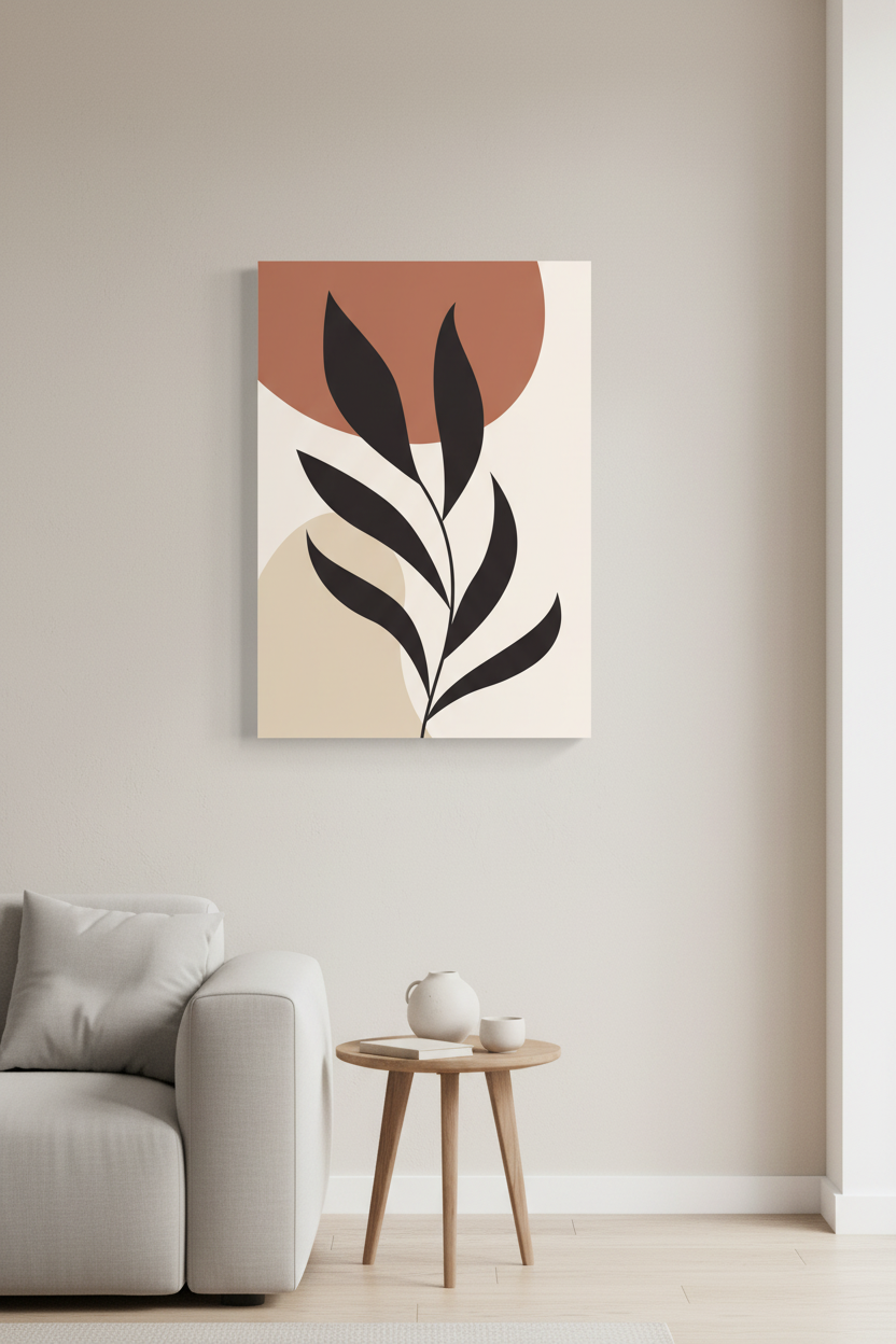 Dark Leaf canvas in minimal room