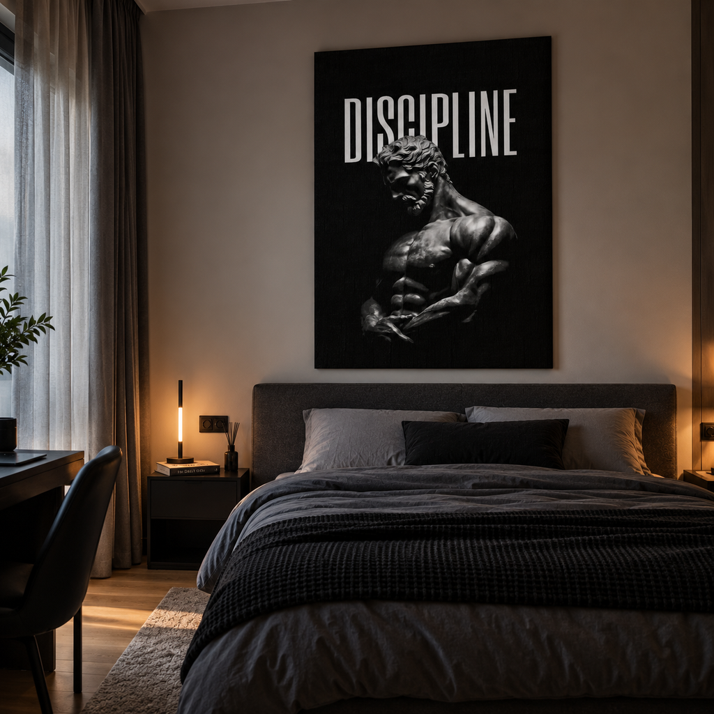 Πίνακας «Discipline» σε μοντέρνο υπνοδωμάτιο.