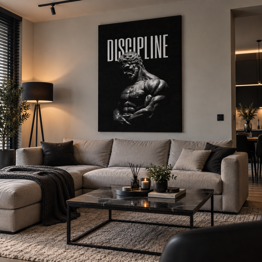 Πίνακας «Discipline» σε μοντέρνο και ζεστό σαλόνι.