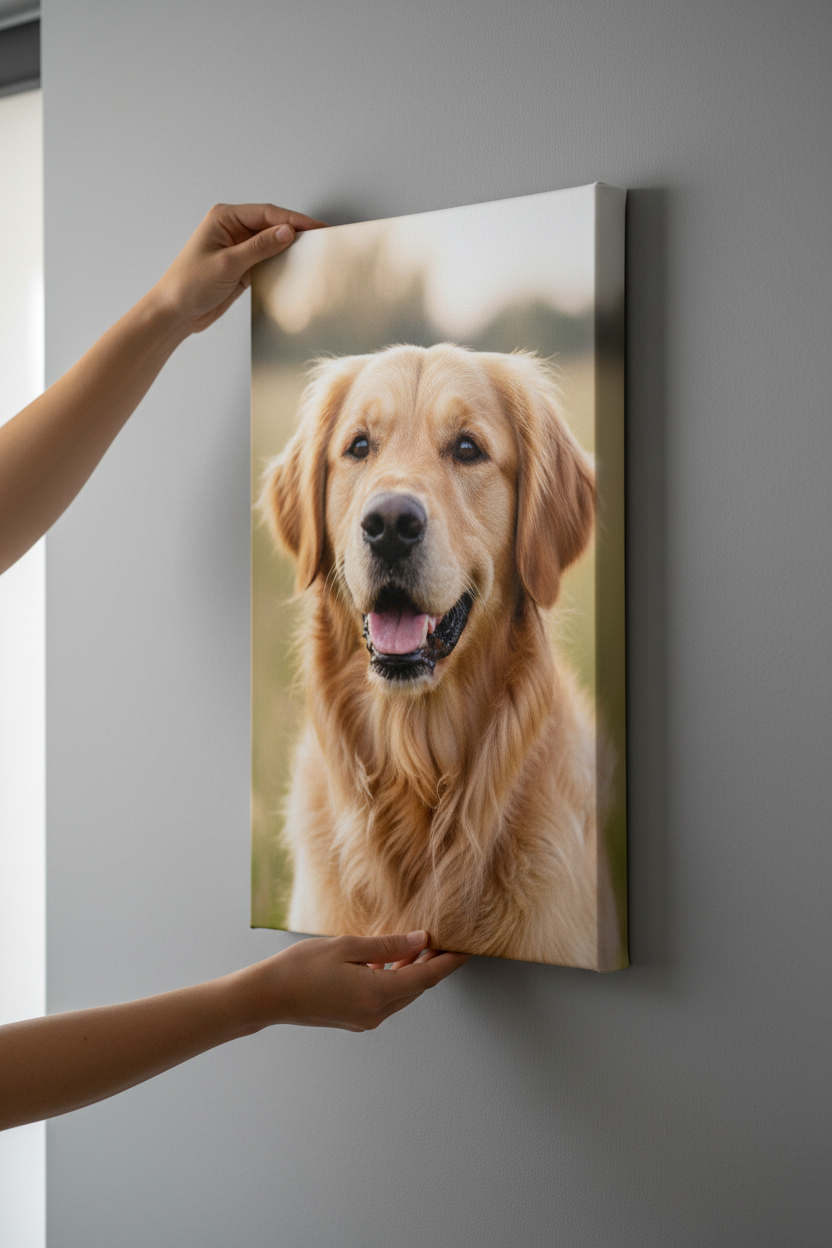 Dog Canvas Being Hung - Hands Only