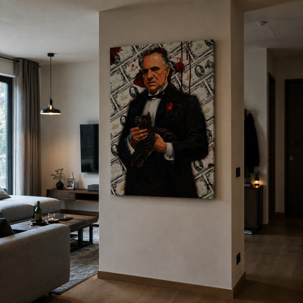 Πίνακας The Godfather με τον Don Corleone σε μοντέρνο και ρεαλιστικό σαλόνι με ζεστό φωτισμό.
