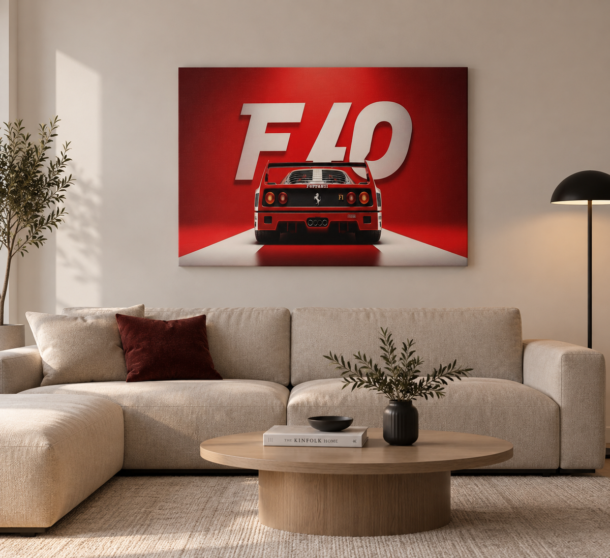 Πίνακας Ferrari F40 σε απλό και μοντέρνο σαλόνι.