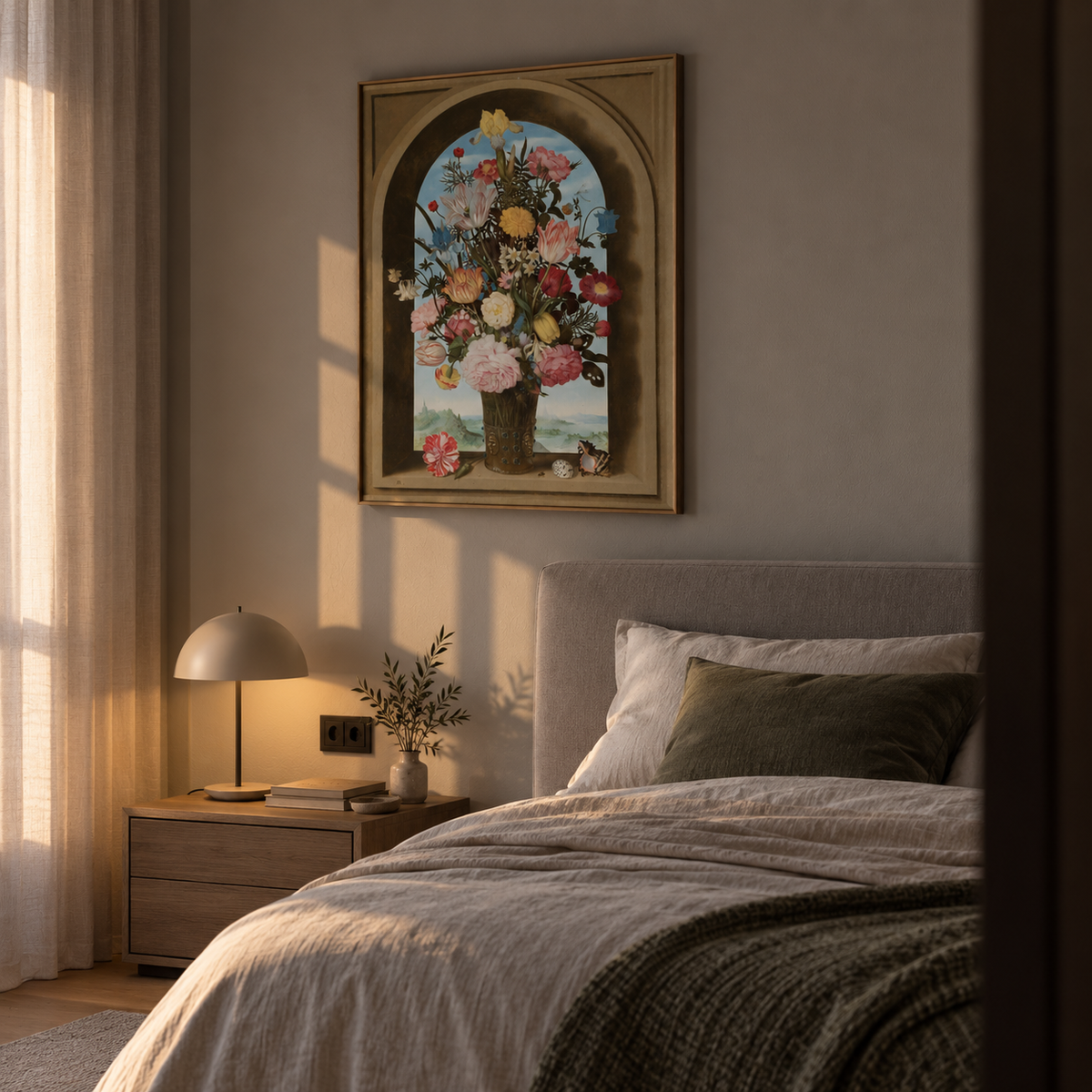 Floral πίνακας σε μοντέρνα και ζεστή κρεβατοκάμαρα.