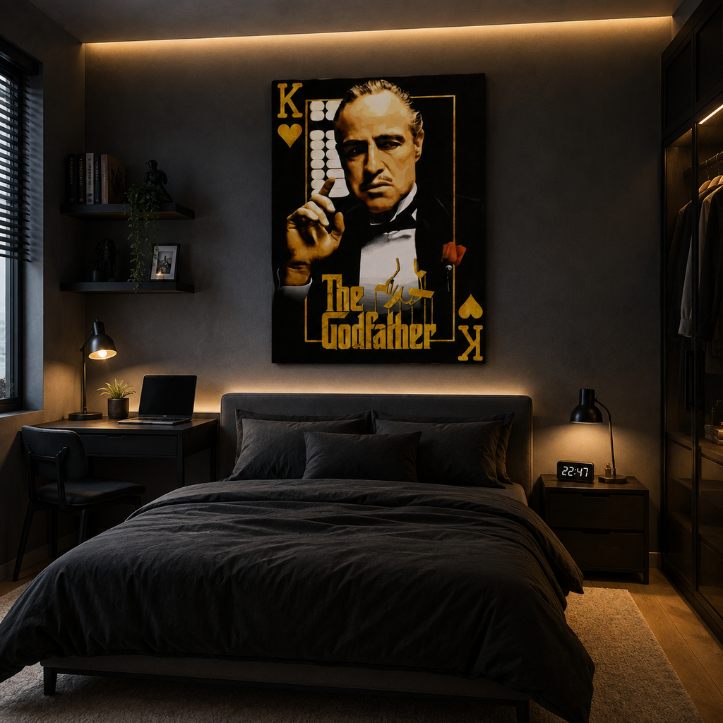 Πίνακας The Godfather με τον Don Vito Corleone σε μοντέρνα κρεβατοκάμαρα με σκούρο κρεβάτι και ζεστό ατμοσφαιρικό φωτισμό.