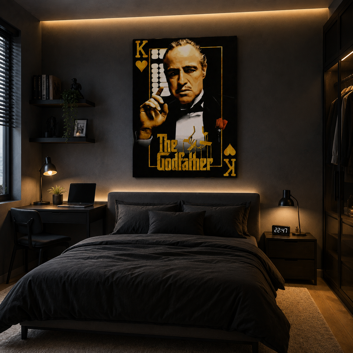 Πίνακας The Godfather με τον Don Vito Corleone σε μοντέρνα κρεβατοκάμαρα με σκούρο κρεβάτι και ζεστό ατμοσφαιρικό φωτισμό.