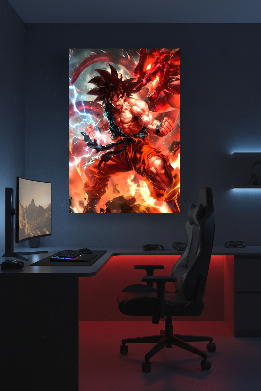 Goku canvas in dark gaming room