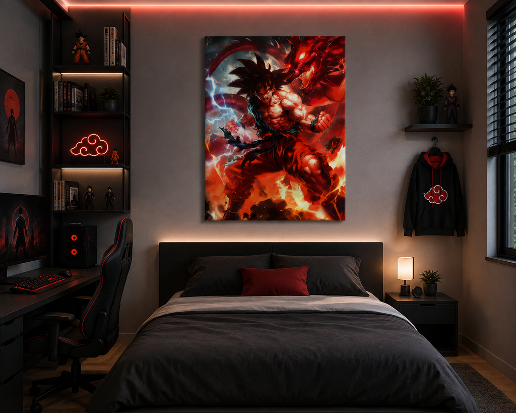 Anime πίνακας με τον Goku μαχητή και δράκο σε μοντέρνο gaming υπνοδωμάτιο.
