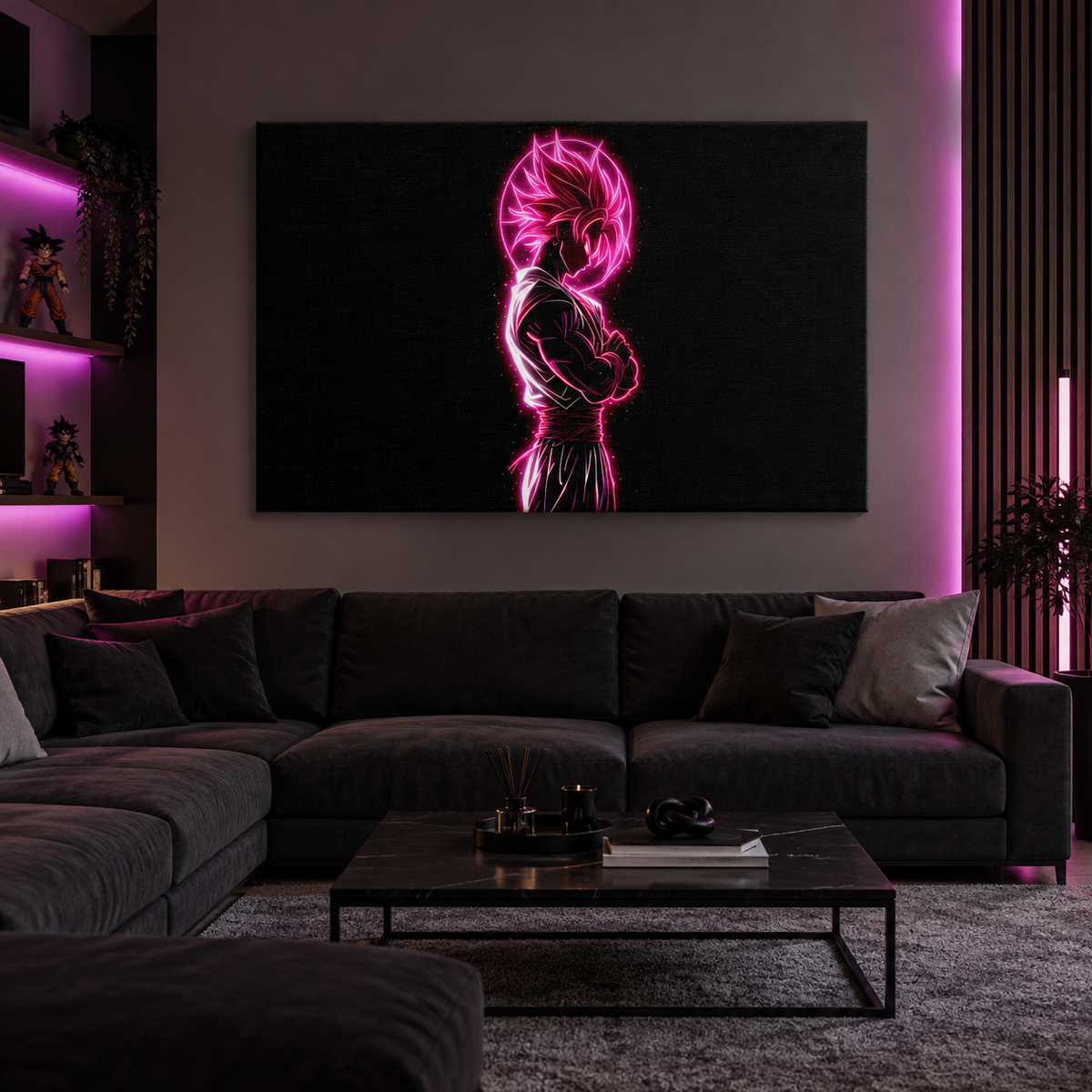 Anime πίνακας με ροζ neon μαχητή σε μοντέρνο σαλόνι.