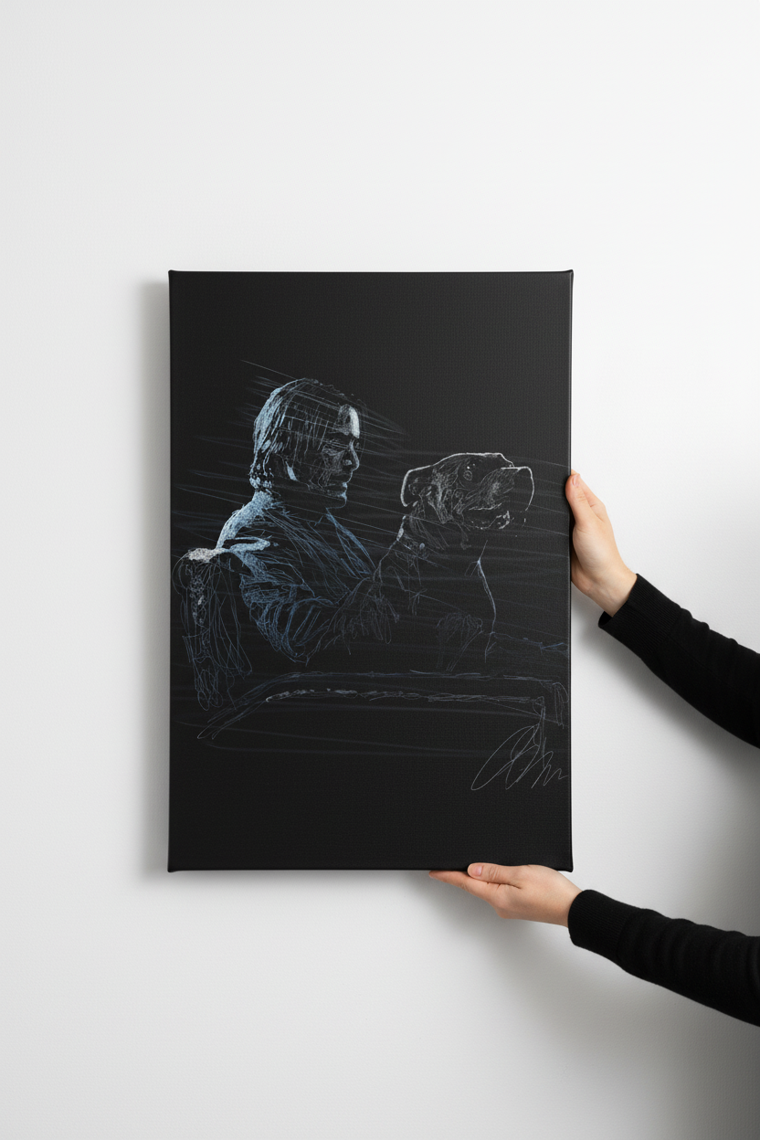 Hands hanging John Wick canvas on white wall