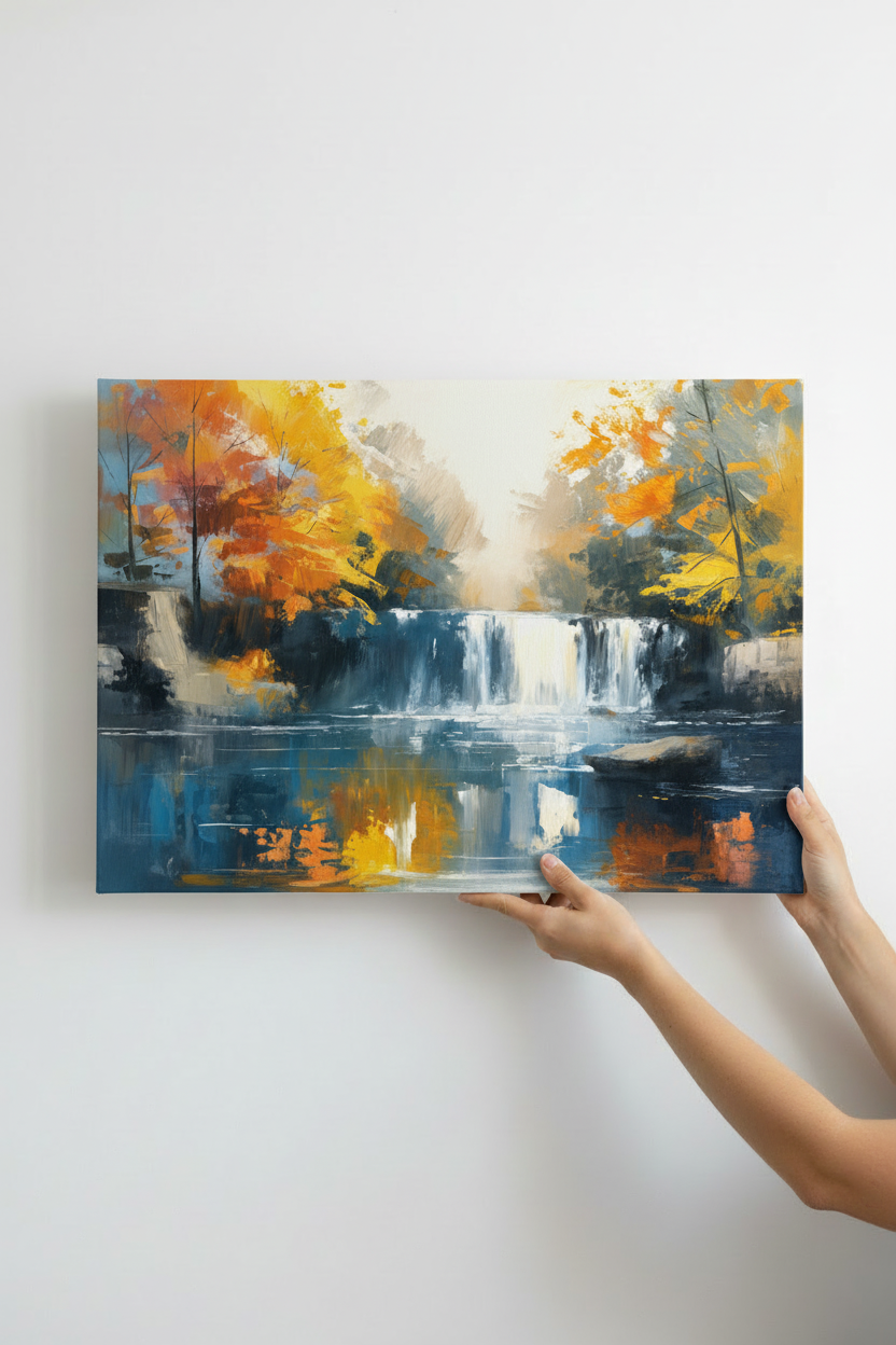 Hands holding Autumn Falls canvas