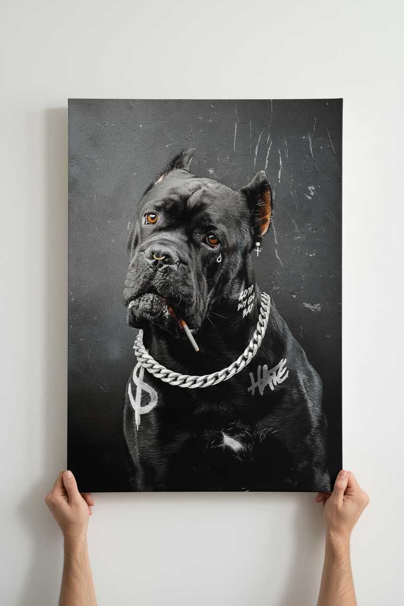 Hands holding Bad Boy canvas