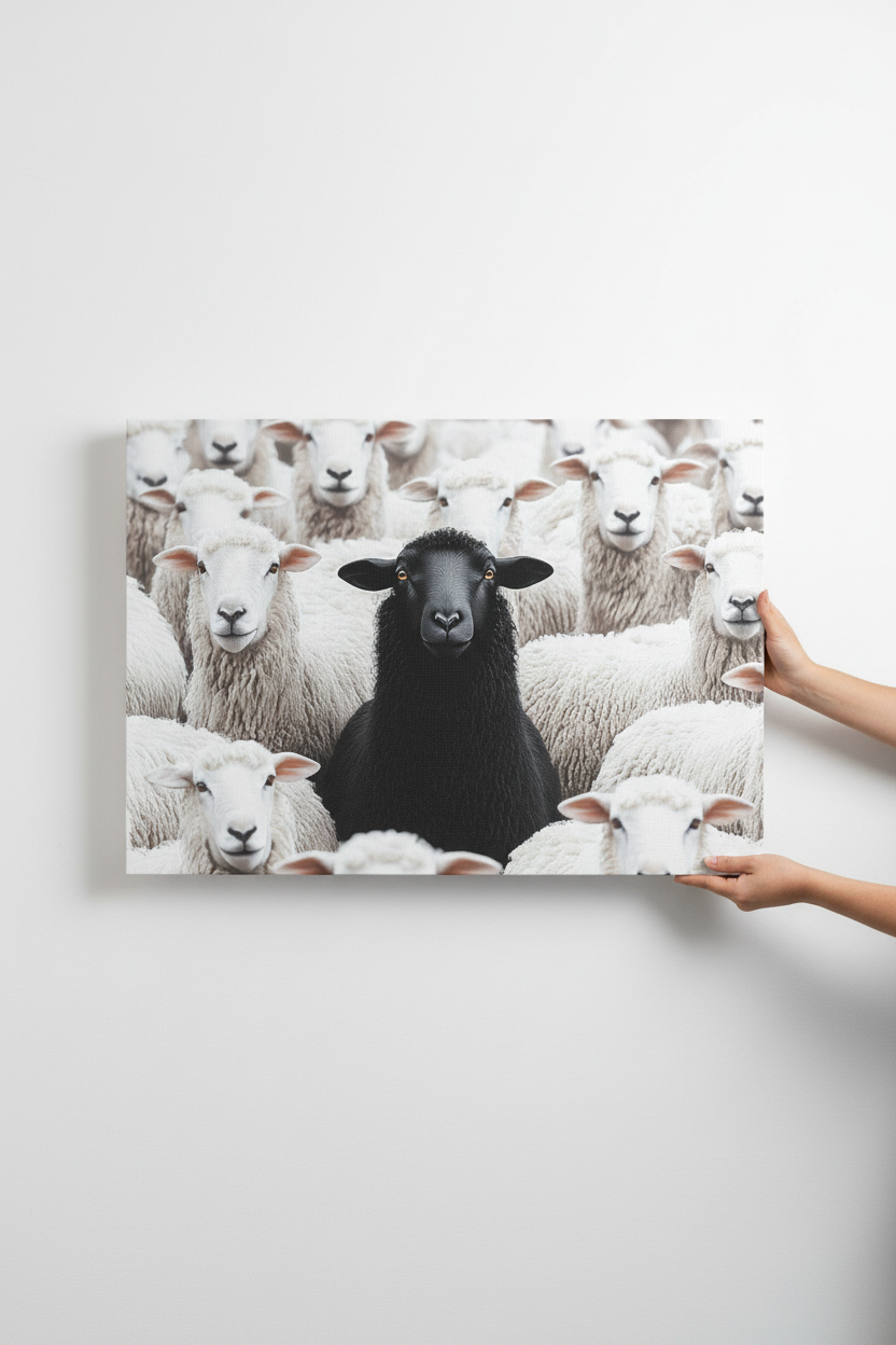 Hands holding Black Sheep canvas