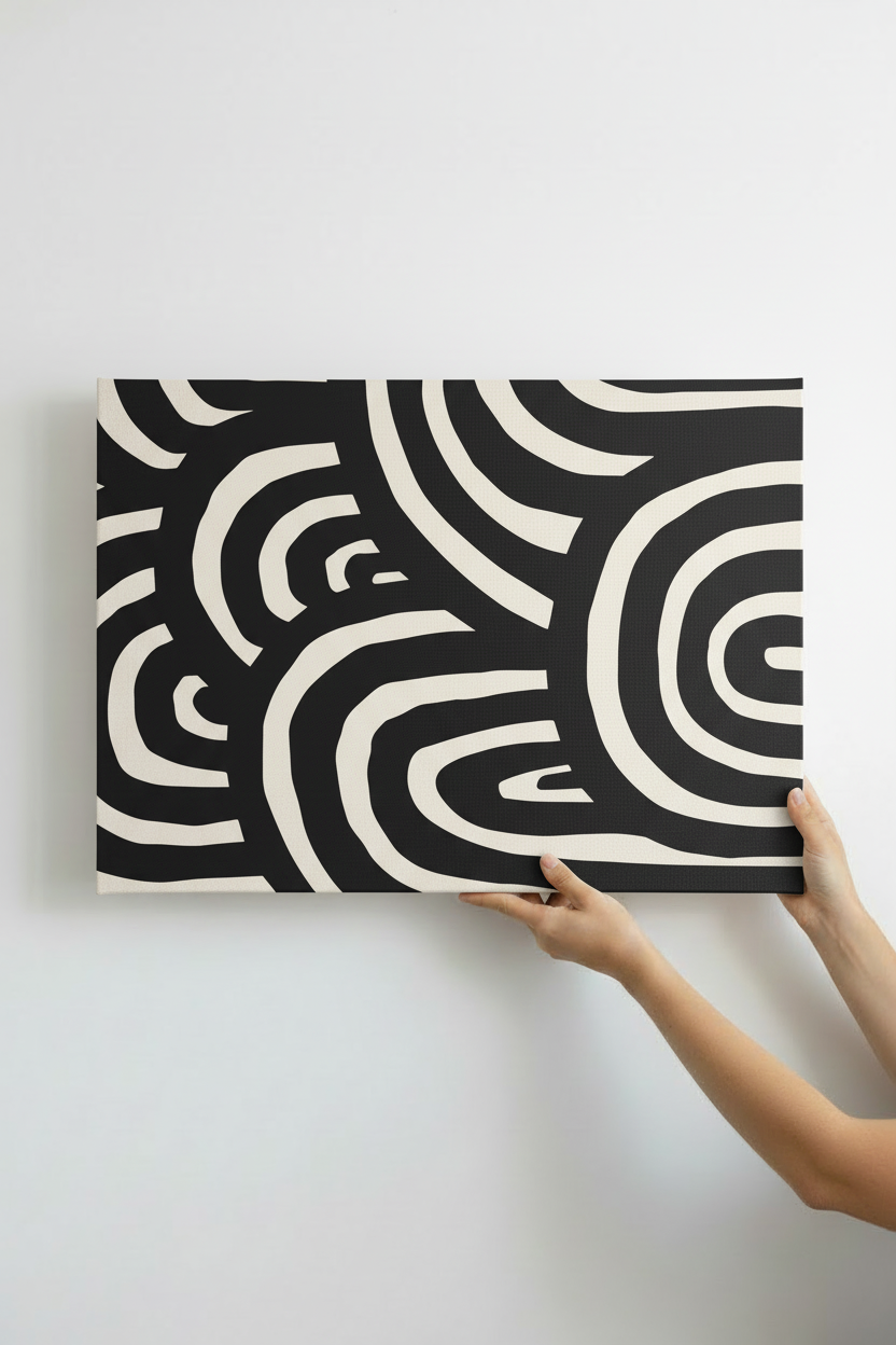 Hands holding Black Swirl canvas