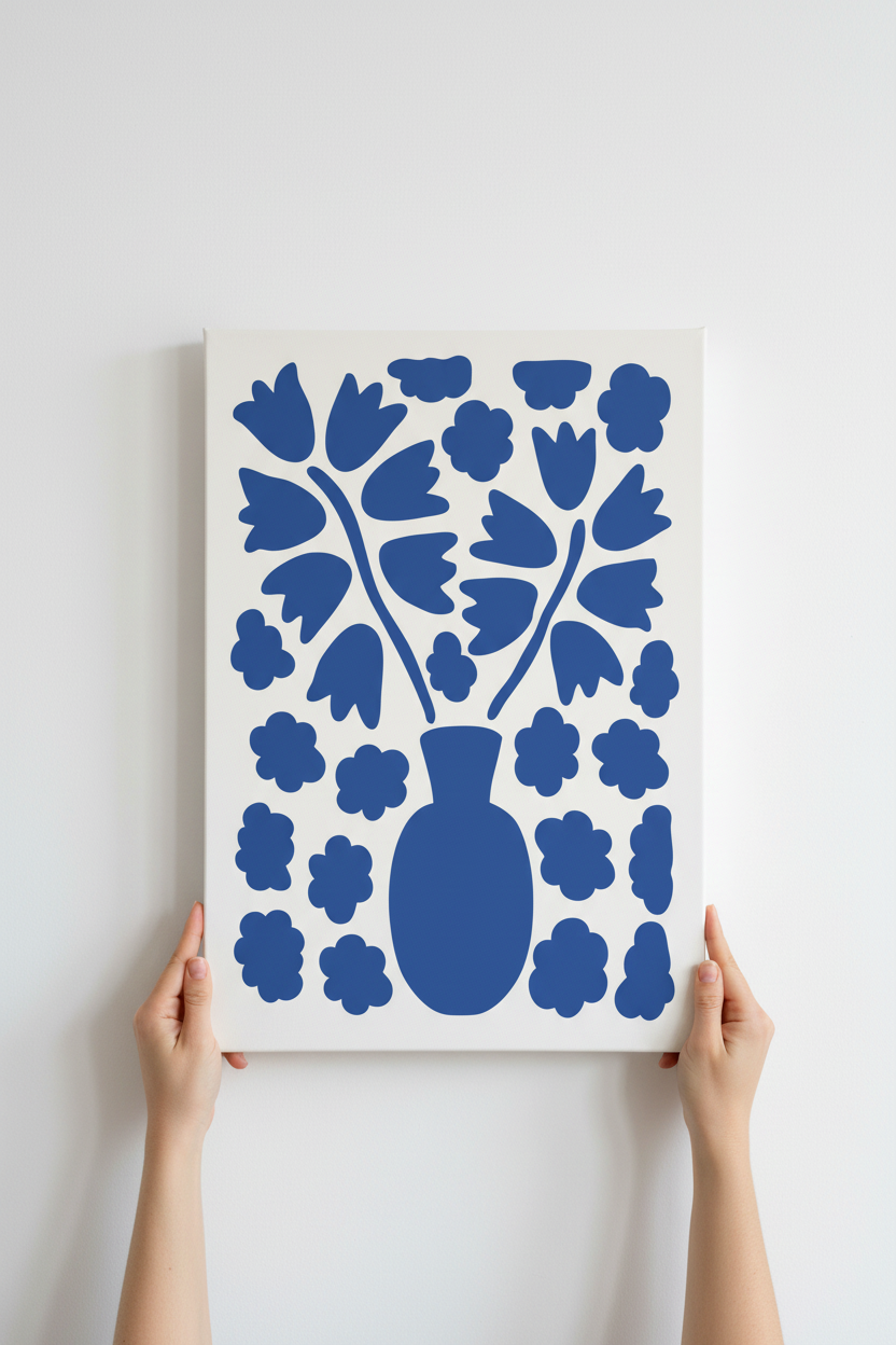 Hands holding Blue Bloom canvas