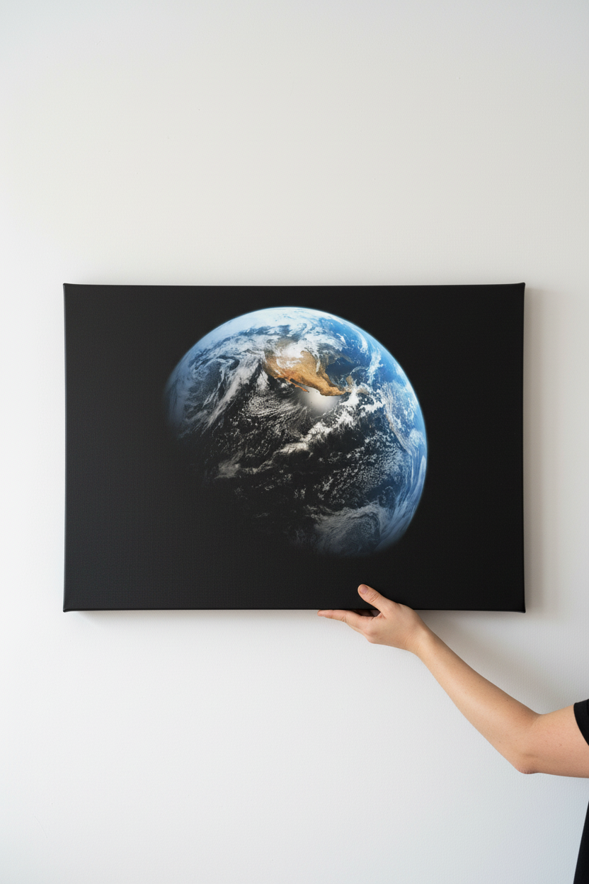 Hands holding Blue Marble canvas