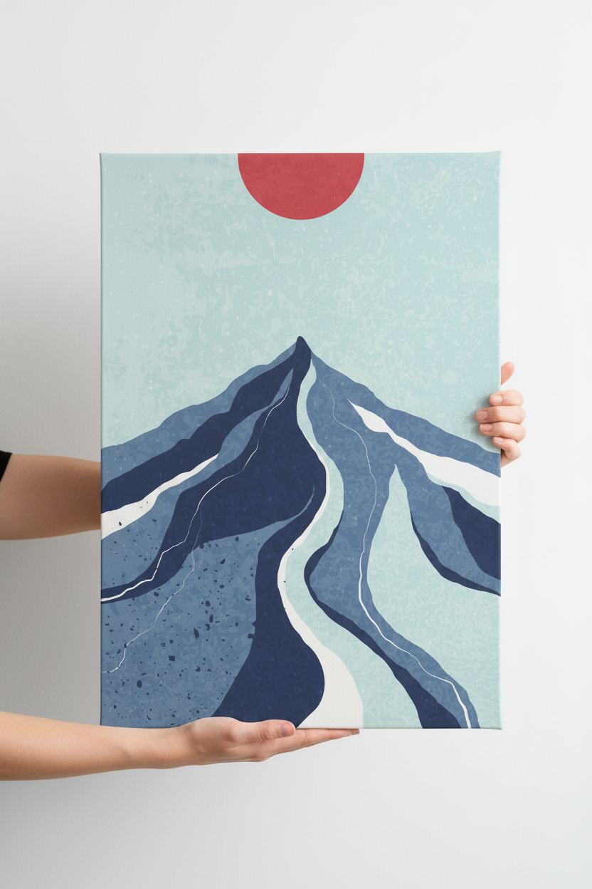 Hands holding Blue Mountain canvas