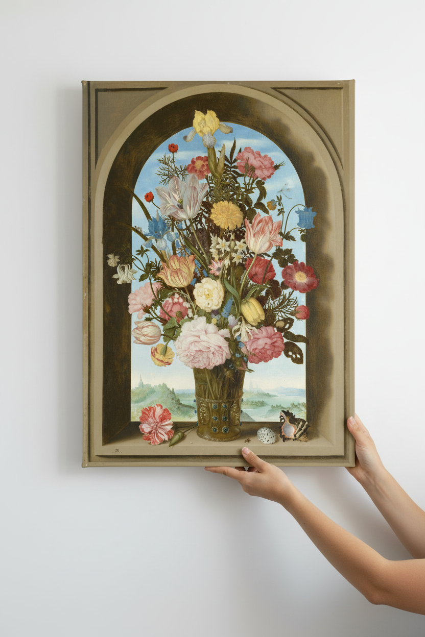 Hands holding Bosschaert canvas