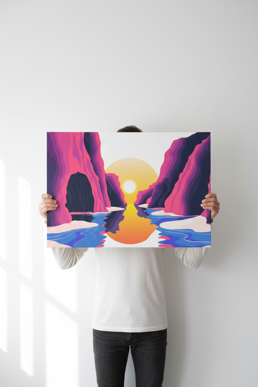 Hands holding Canyon Sunset canvas