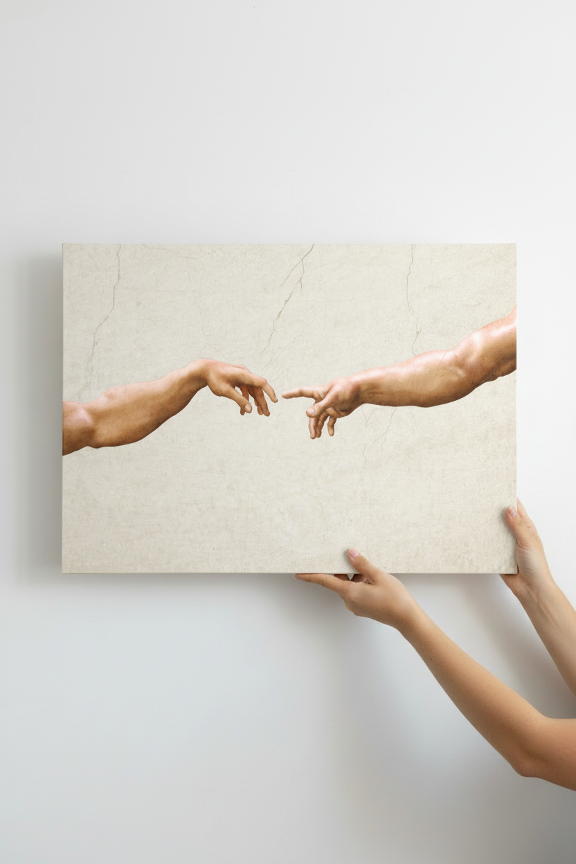 Hands holding Creation of Adam canvas