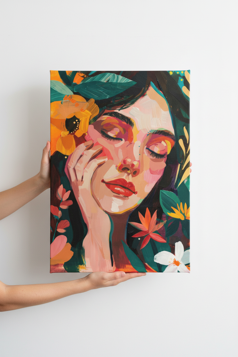 Hands holding Floral Reverie canvas