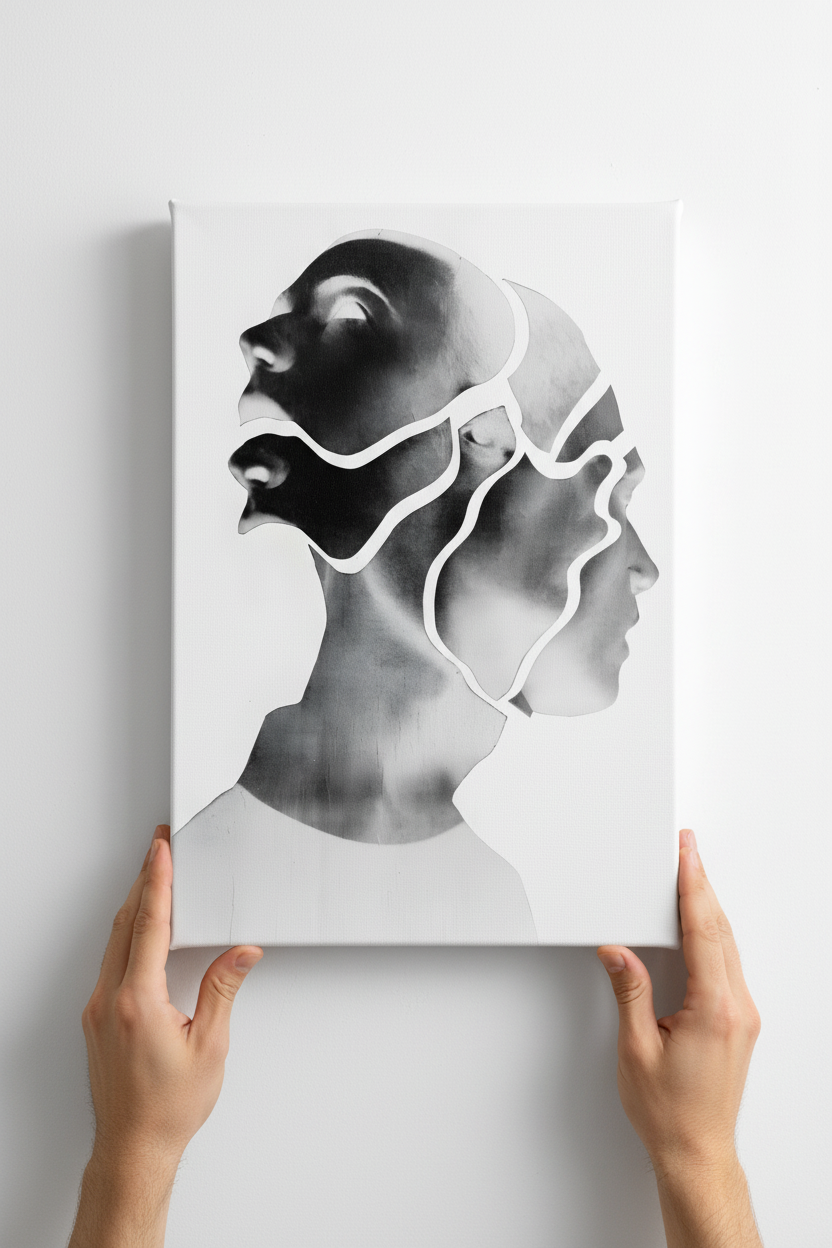 Hands holding Fractured Mind canvas