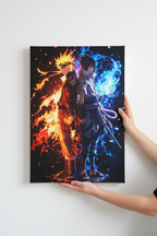 Hands holding frameless Naruto vs Sasuke canvas