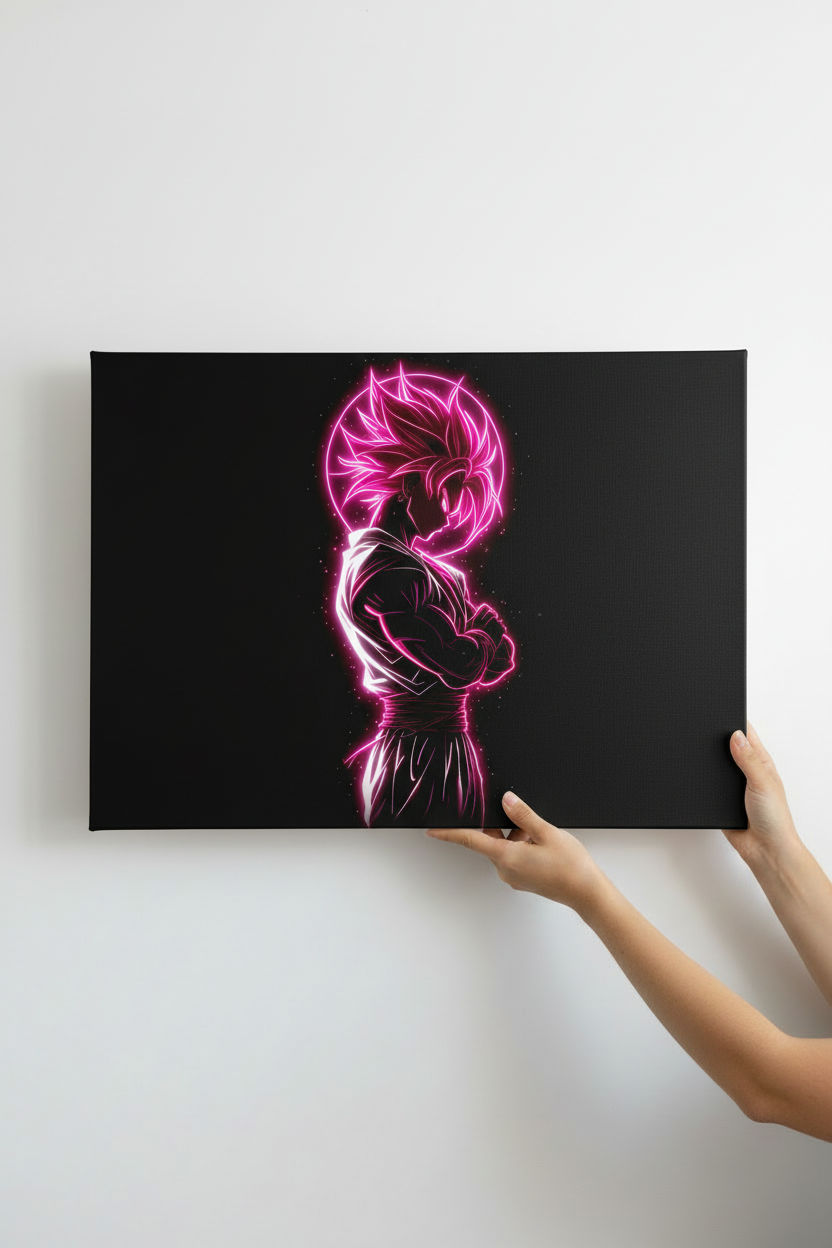 Hands holding Goku Black canvas on white wall