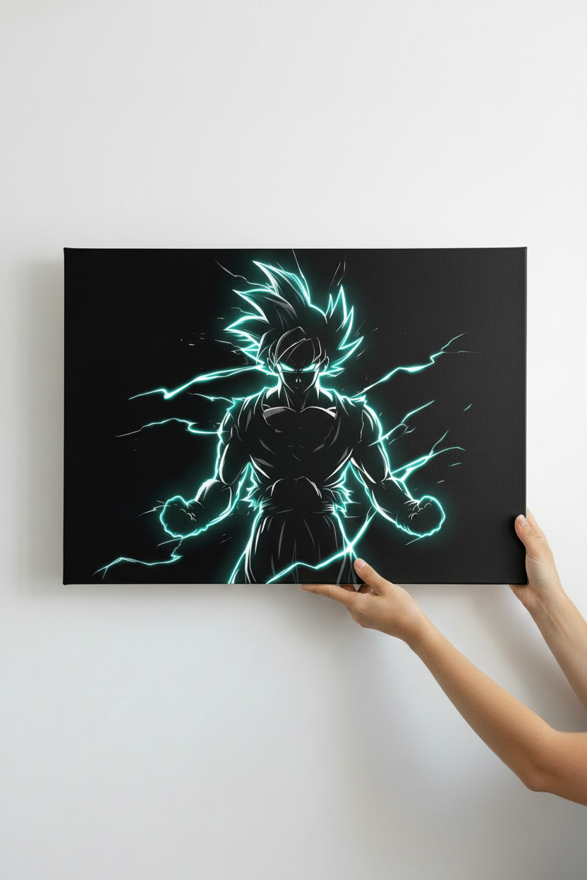 Hands holding Goku Ultra Instinct canvas