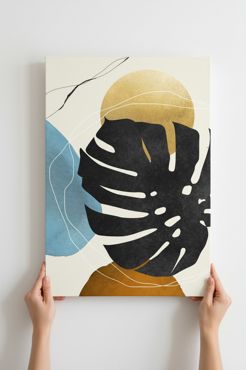 Hands holding Golden Monstera canvas