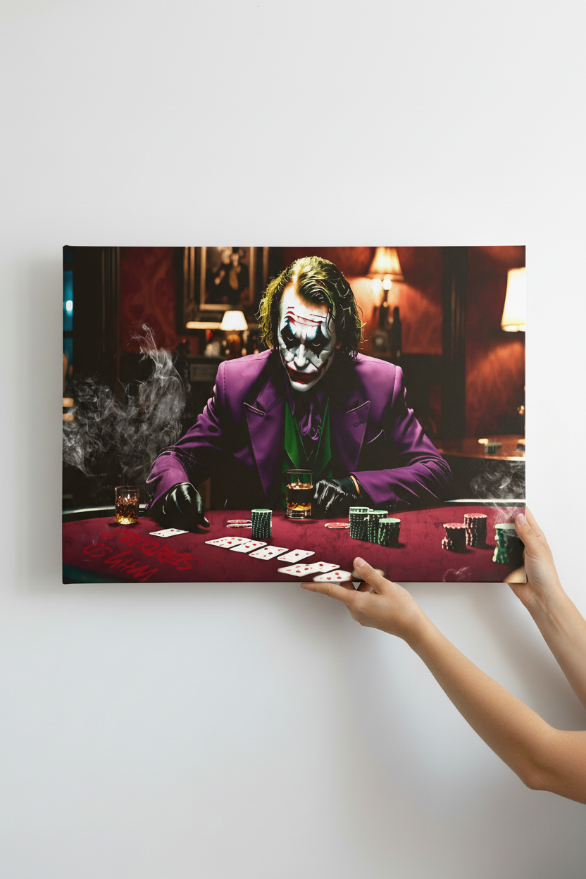 Hands holding Joker's Game canvas