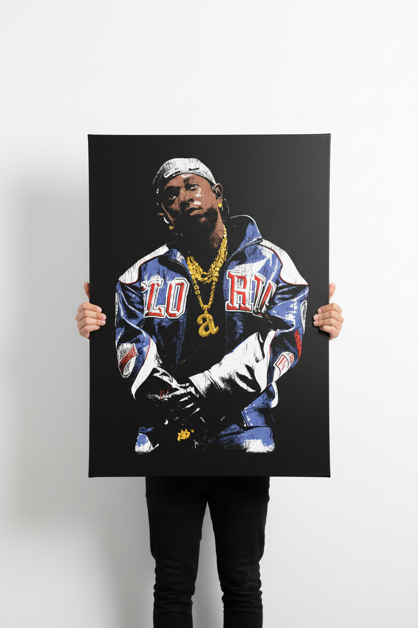 Hands holding Kendrick Lamar canvas