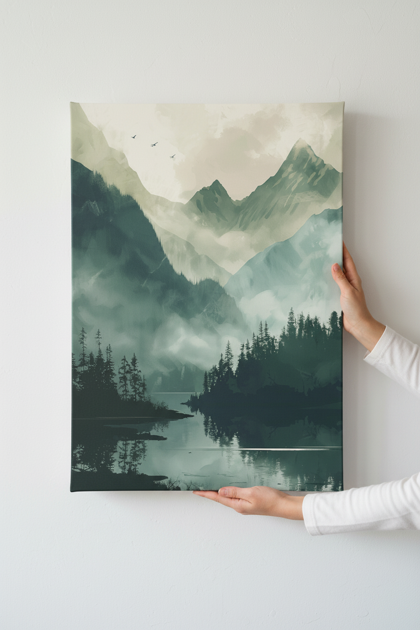 Hands holding large Misty Peaks canvas