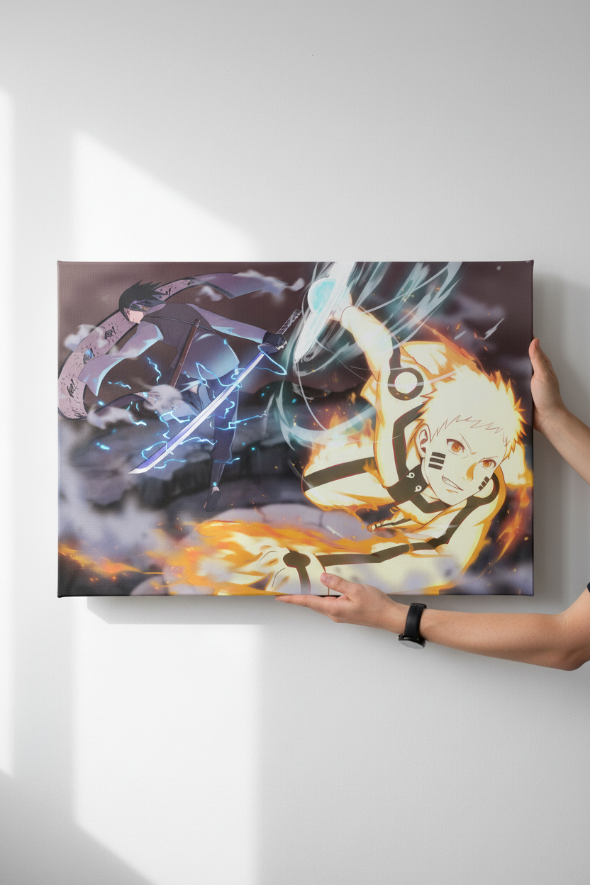Hands holding large Naruto vs Sasuke canvas