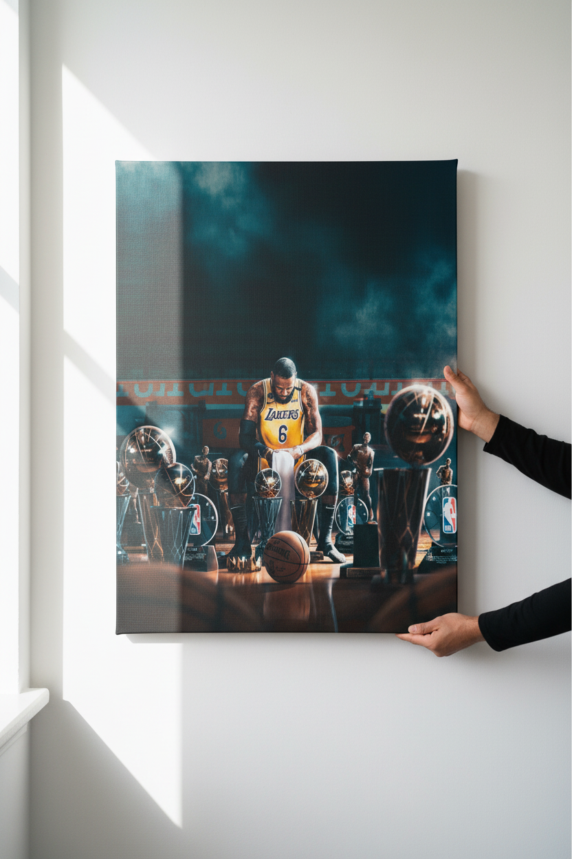 Hands holding LeBron James canvas