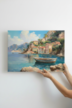 Hands holding Mediterranean Cove canvas