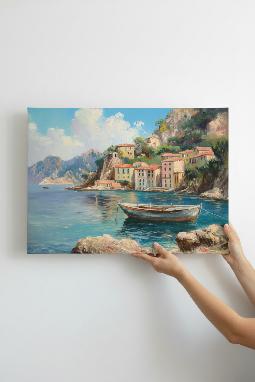 Hands holding Mediterranean Cove canvas