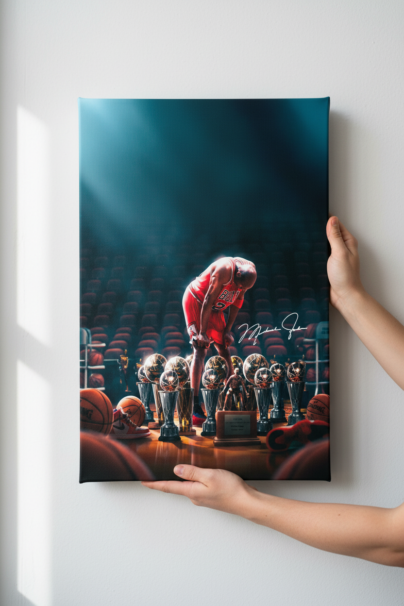 Hands holding Michael Jordan canvas
