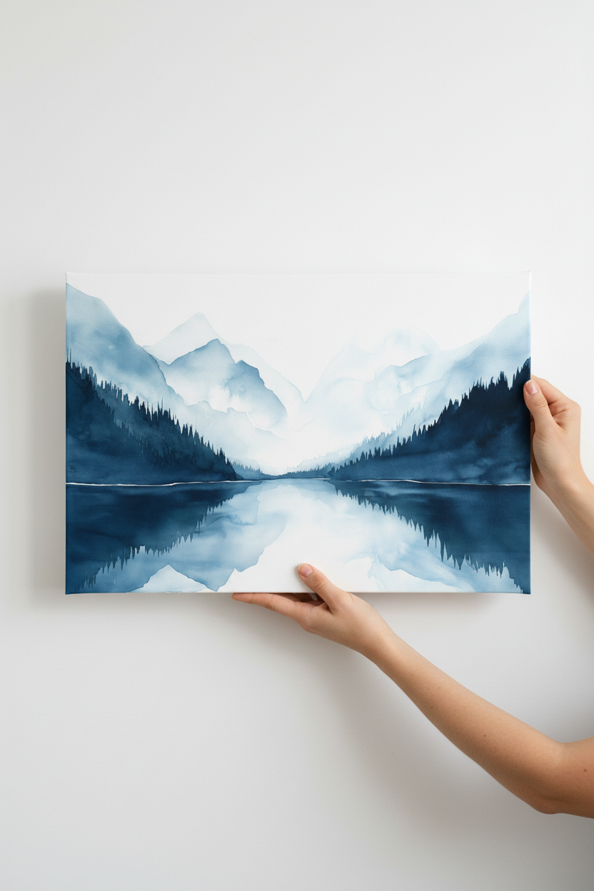 Hands holding Mirror Lake canvas - bottom and right