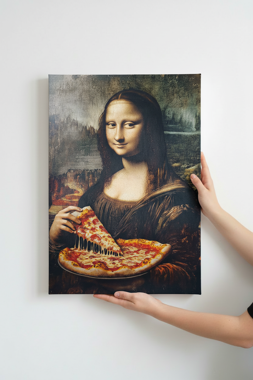 Hands holding Mona Lisa Pizza canvas